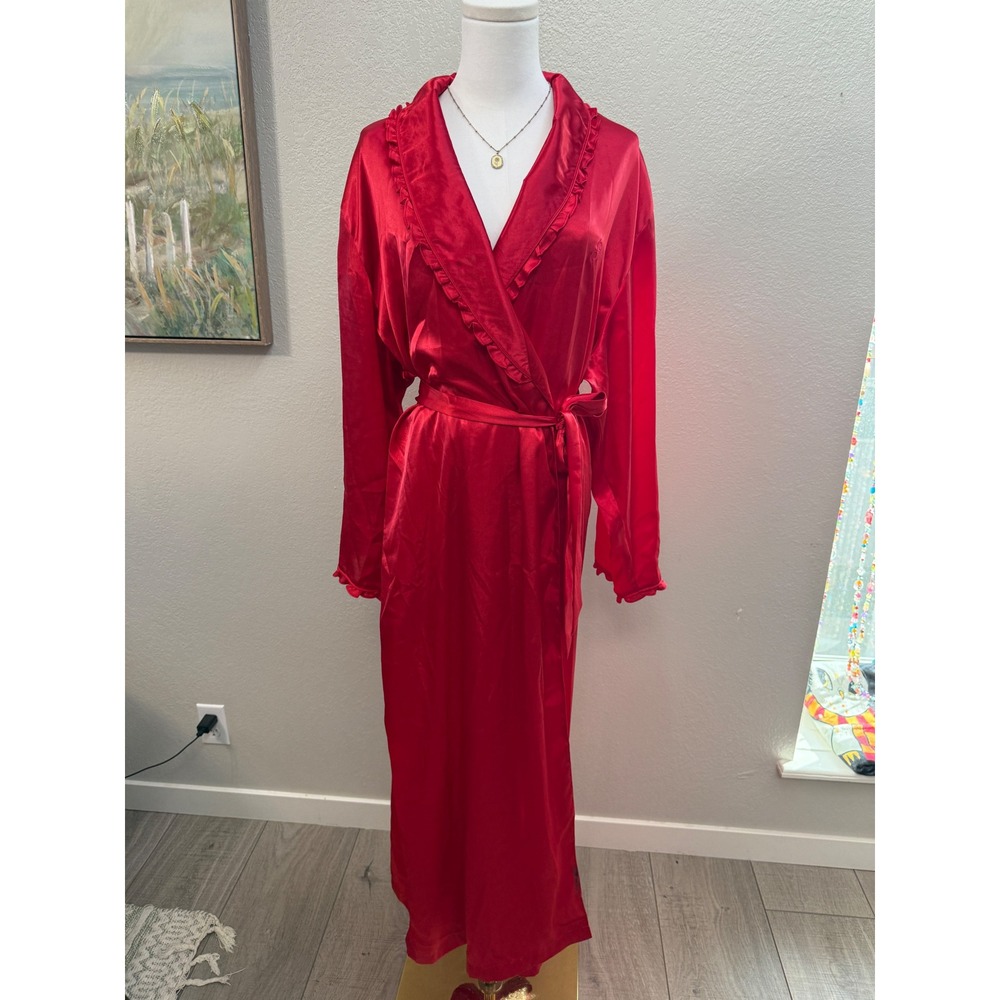 Vintage Red Satin Robe Intimate Essentials Ruffle Trim Wrap Loungewear XL‎